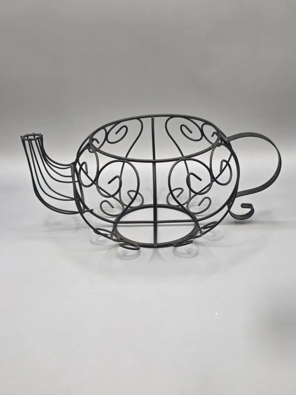 Vintage Black Wrought Iron Teapot Wire Basket Planter Kitchen Decor Scrollwork